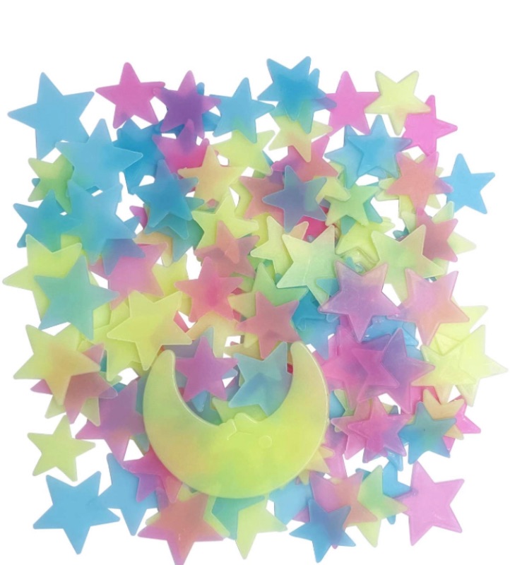 Photo 1 of Glow in The Dark Stars for Celling, 150pcs Colorful Glowing Stars Wall Decor Plastic Stars Wall Sticker and A Moon, Removable Stars Murals Decoration for Kids Girls Room Decor 3 packs