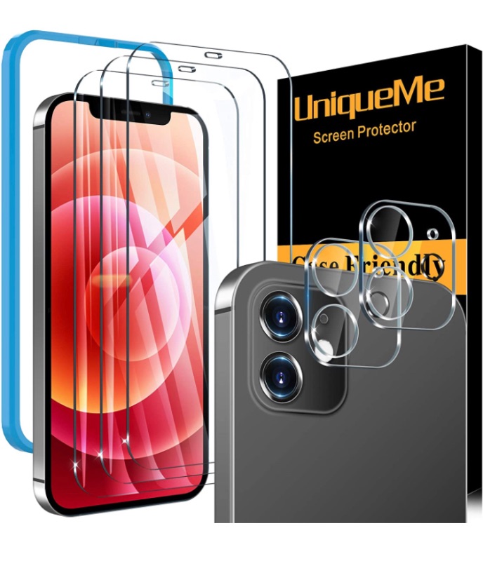 Photo 1 of [3+2 Pack] UniqueMe Compatible with iPhone 12 Mini 5G 5.4 - inch, 3 Pack Screen Protector Tempered Glass and 2 Pack Camera Lens Protector Clear [Installation Frame] [Precise Cutout] 2 packs 
