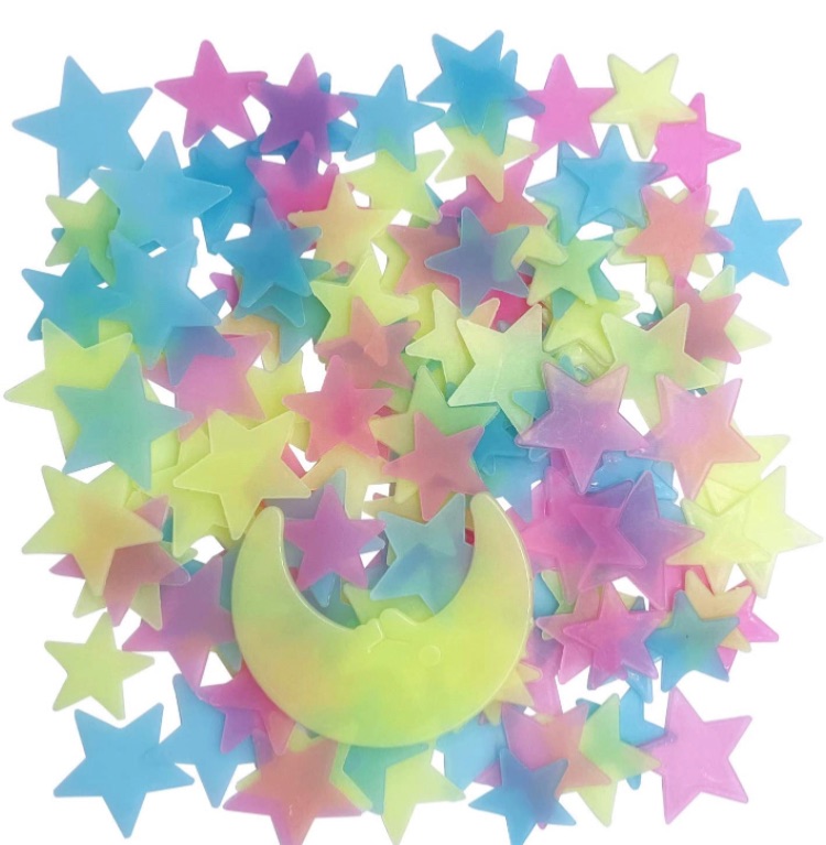 Photo 1 of Glow in The Dark Stars for Celling, 150pcs Colorful Glowing Stars Wall Decor Plastic Stars Wall Sticker and A Moon, Removable Stars Murals Decoration for Kids Girls Room Decor 3 packs