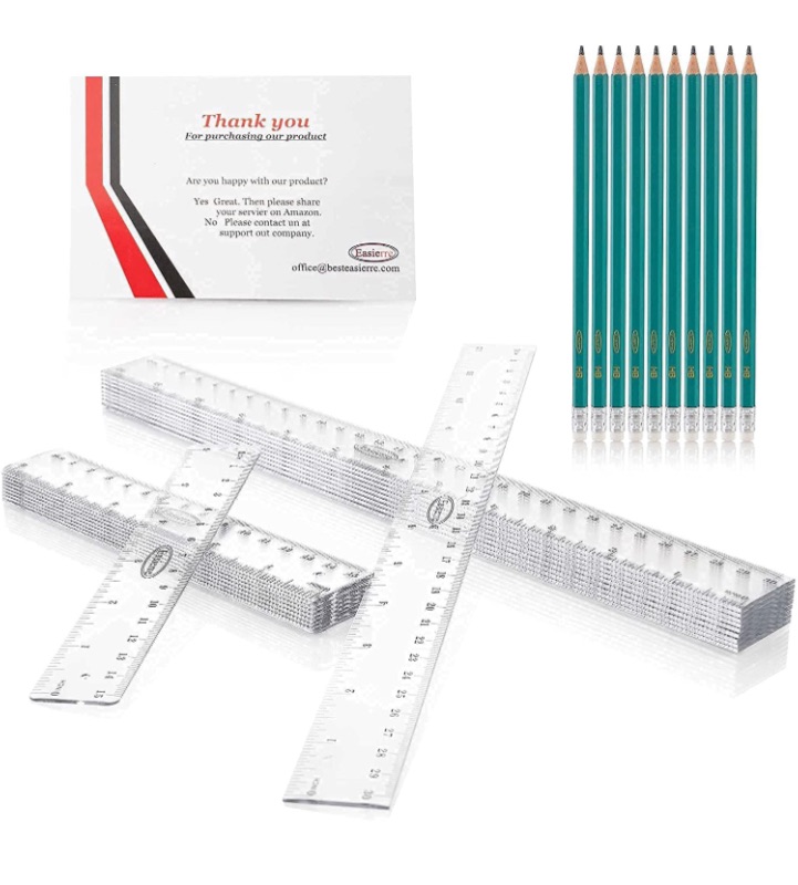 Photo 1 of Ruler Transparent and Pencil Multifunction Set - Drawing Graphing Writing Premium Standard Supplies for Kids Student - 20 Pcs Different-sized Clear Rulers 10 Pcs Pencils Bulk Pack School Desk Office