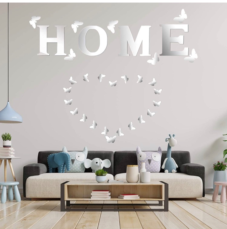 Photo 1 of 4 Pieces Home Sign Letters Acrylic Mirror Wall Decor Stickers 35 Pieces Butterfly 3D Mirror Wall Decal Family Farmhouse Wall Decor DIY Mirror Wall Mural Stickers for Home Living Room Bedroom Kitchen