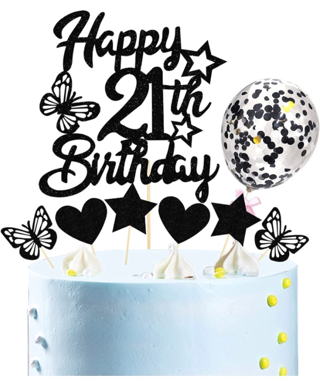 Photo 1 of 21st Birthday Cake Topper Black Happy 21st Birthday Cake Topper Cheers to 21st Years and Balloon Cake Topper 21st Birthday Cake Topper with Star Love Butterfly Cake Topper for Boys or Girls 21st Birthday Party Decorations (Black) 3 sets 