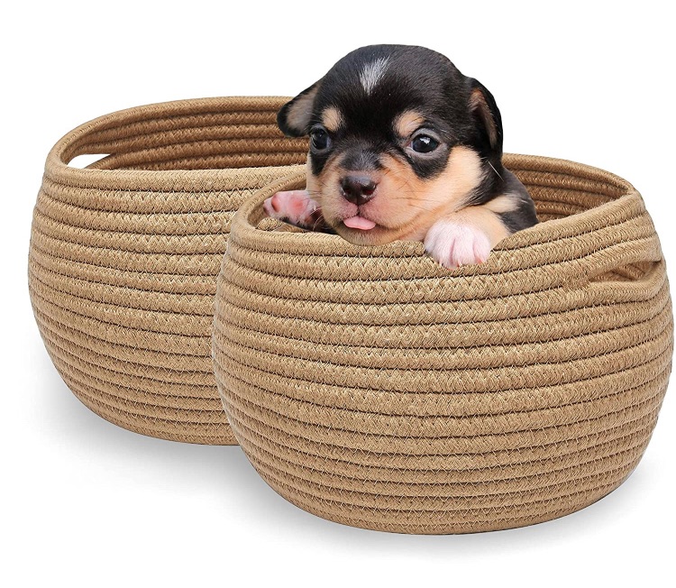Photo 1 of XMWEALTHY Small Cotton Rope Basket for Dog Toy & Cat Toy Bins Set of 2 Round Baskets for Storage and Organizing Jute Baskets Towel Plant 9.5" W x 6.5" H