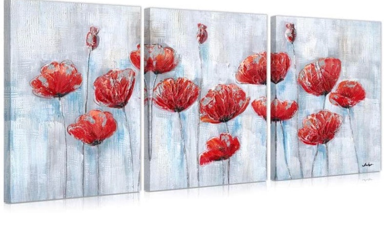 Photo 1 of B BLINGBLING Red Abstract Flower Wall Art: Red and Grey Poppy Floral Wall Decor for Bedroom Living Room Framed and Ready to Hang 12x16 x3panels