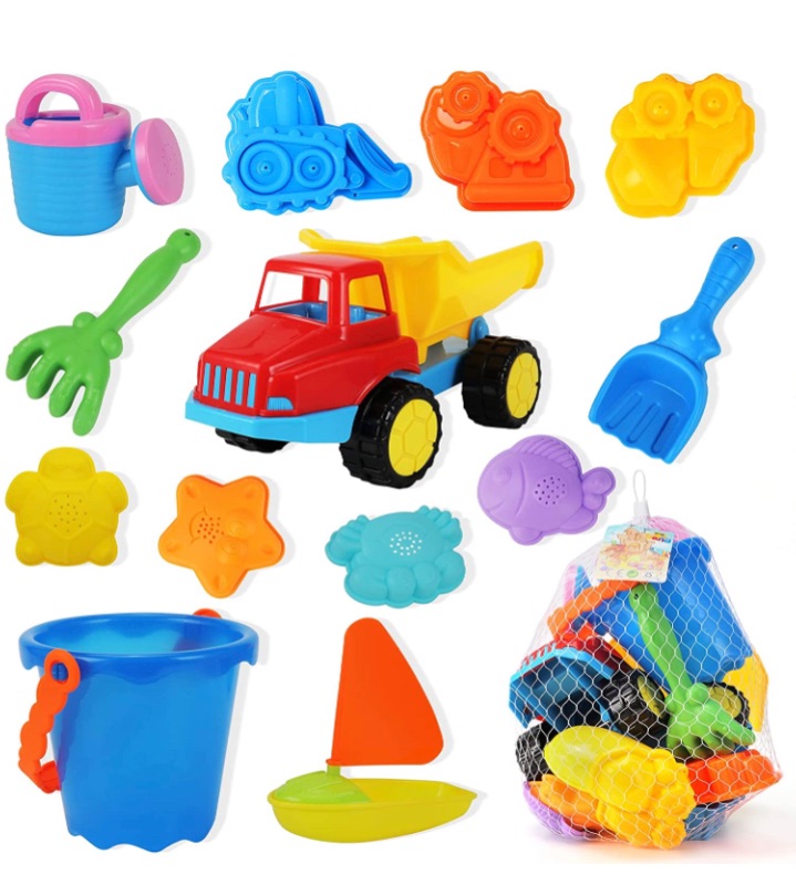 Photo 1 of Beach Sand Toys Set with 11" Large Dump Truck,Bucket,Shovel,Rake,Sailboat,Watering Can, Turtle Molds,Sandbox Toys for Boys Girls Indoor Outdoor Play Gift ,Sand Toy for Kid Toldders Age 2 3-5 8