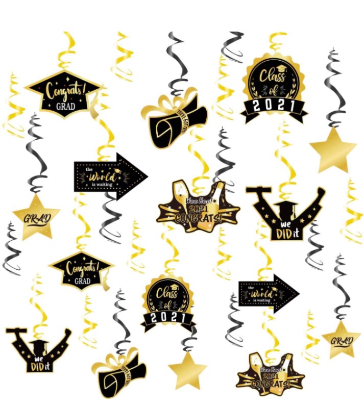 Photo 1 of 2021 Graduation Hanging Decorations Swirls,Graduation Party Supplies Decorations Hanging Swirl, Black & Gold Foil Hanging Swirls for College Graduation Decorations by ACXOP (30) 2 packs 