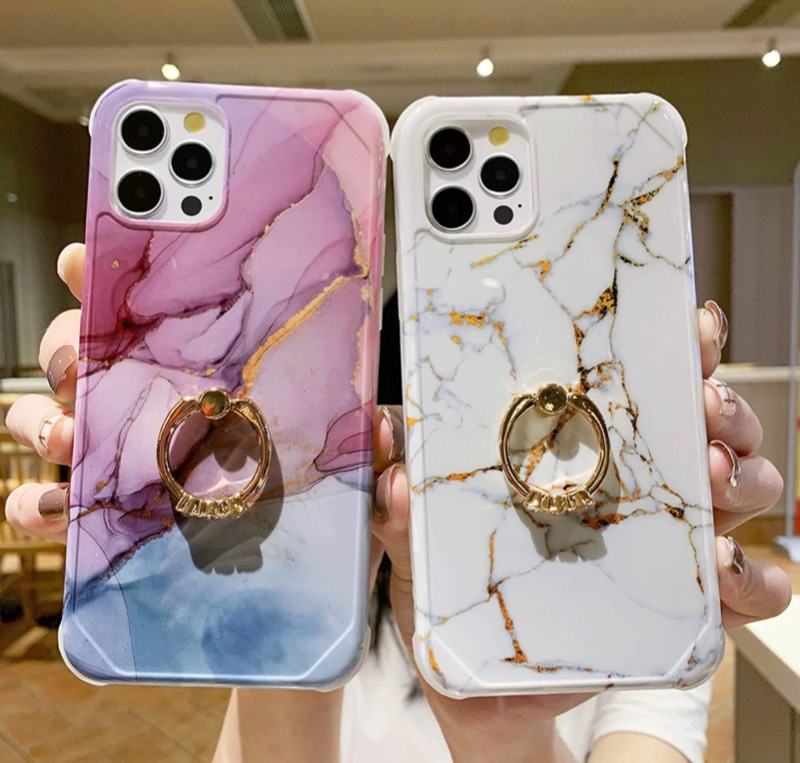 Photo 4 of Anynve Compatible with iPhone 12 Pro Cases for Women, iPhone 12 Marble Case with 360 Degree Ring Kickstand Holder Reinforced Raised Corners & Shockproof Hard Back Soft TPU Bumper Cover Case 6.1-Purple