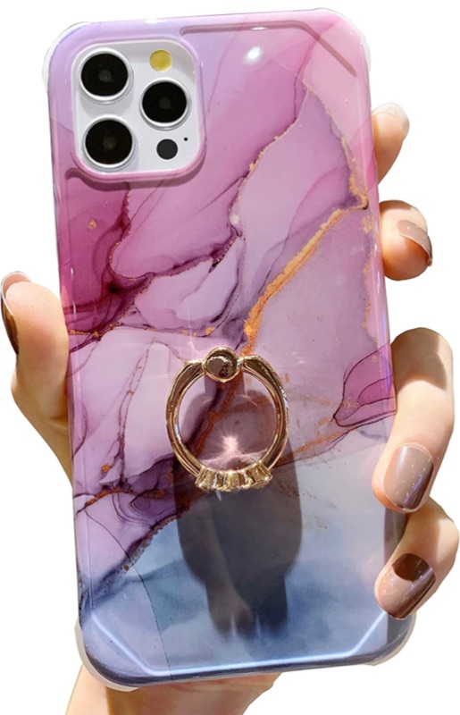 Photo 1 of Anynve Compatible with iPhone 12 Pro Cases for Women, iPhone 12 Marble Case with 360 Degree Ring Kickstand Holder Reinforced Raised Corners & Shockproof Hard Back Soft TPU Bumper Cover Case 6.1-Purple