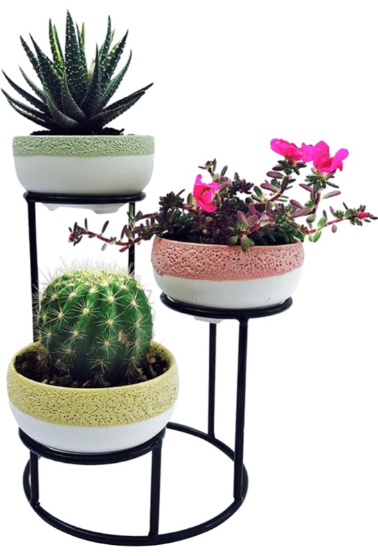 Photo 1 of 3pcs Porcelain Succulent Pots with 3 Tier Iron Stand Holder, Mini Cactus Pot Indoor Decoration, Modern Decorative White Plant Pot Flower Planter with Drainage & Metal Stand for Home Office Desk Garden