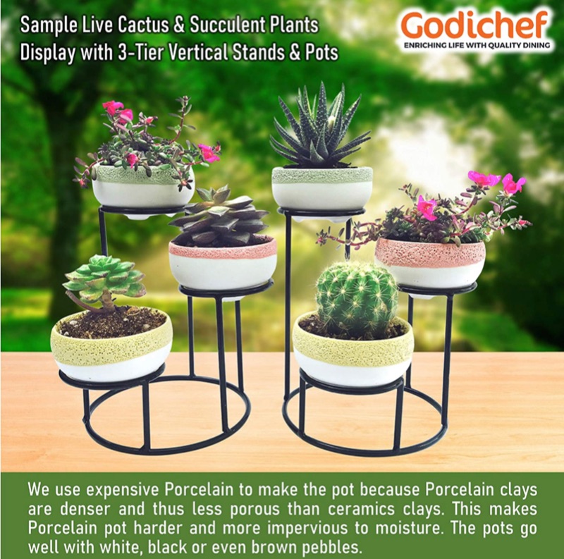 Photo 2 of 3pcs Porcelain Succulent Pots with 3 Tier Iron Stand Holder, Mini Cactus Pot Indoor Decoration, Modern Decorative White Plant Pot Flower Planter with Drainage & Metal Stand for Home Office Desk Garden