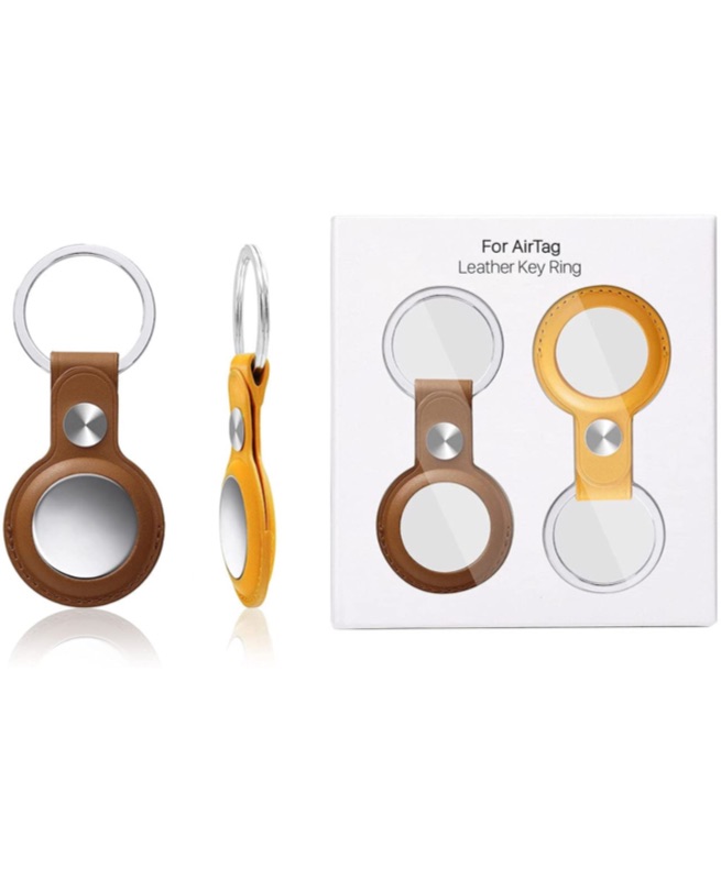 Photo 1 of (2 Packs) AirTag Keychain Rings Leather with Screen Protectors, Durable PU Protective Cases AirTags Holders, Easy Install&Safety Anti-Lost Tracker GPS Cover for Luggage Car Key Case Pet, Brown+Yellow