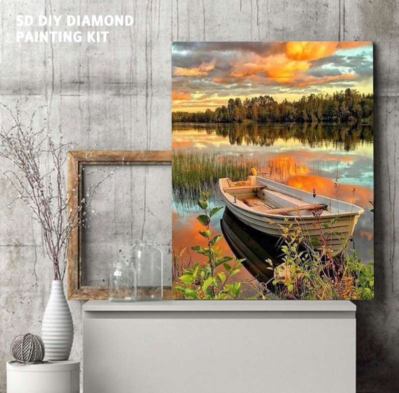 Photo 3 of DIY 5D Diamond Painting Kits for Adults, Colorful Diamond Painting Kits, DIY Round Diamond Rhinestone Painting Kits Pictures Arts Craft for Home Wall Decor Gift, Lakeside Boat - 12X16 inch