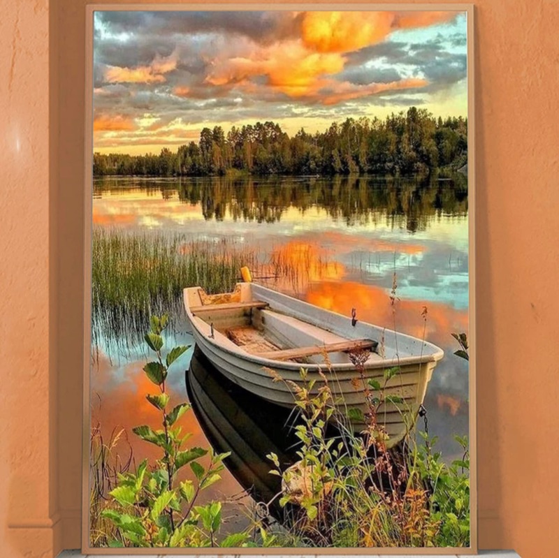 Photo 1 of DIY 5D Diamond Painting Kits for Adults, Colorful Diamond Painting Kits, DIY Round Diamond Rhinestone Painting Kits Pictures Arts Craft for Home Wall Decor Gift, Lakeside Boat - 12X16 inch