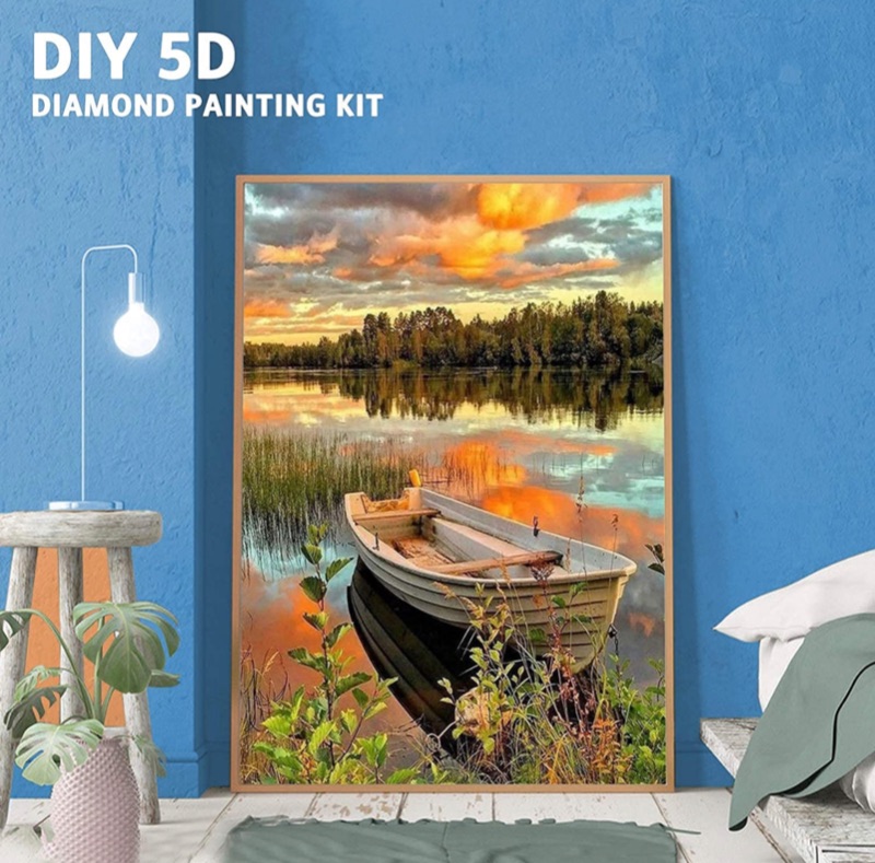 Photo 2 of DIY 5D Diamond Painting Kits for Adults, Colorful Diamond Painting Kits, DIY Round Diamond Rhinestone Painting Kits Pictures Arts Craft for Home Wall Decor Gift, Lakeside Boat - 12X16 inch