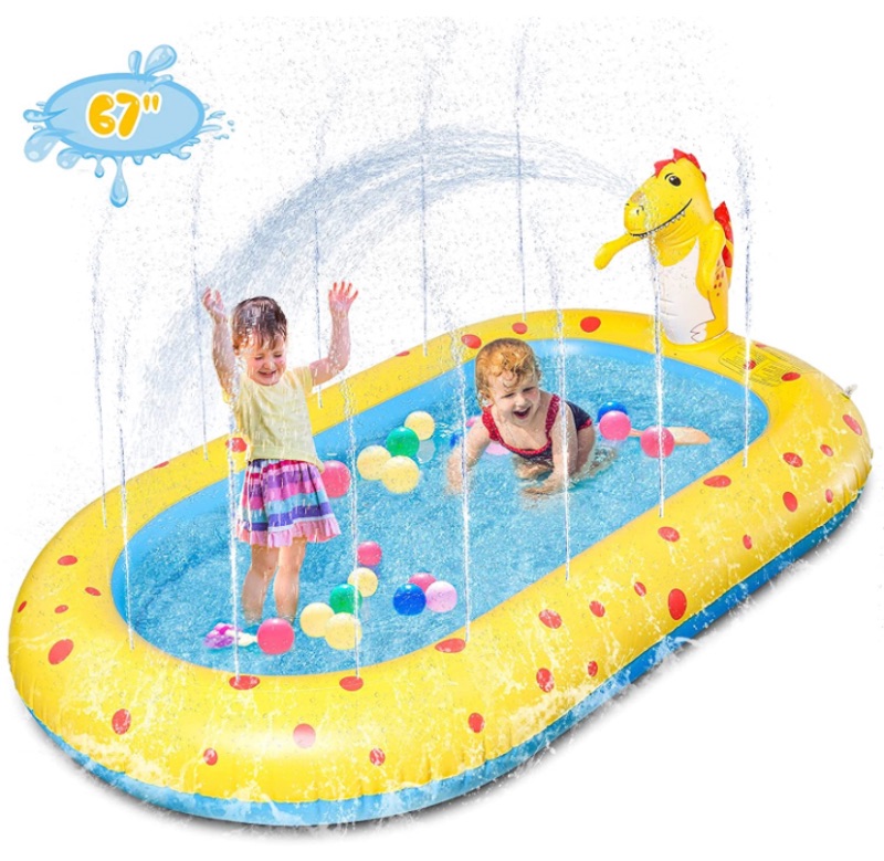 Photo 1 of Inflatable Sprinkler Kiddie Pool,Toddler Pools Water Sprinkler Pool,Backyard Splash Pad Water Play Toys Blowup Kids Pool,Cute Dinosaur Pools,67”×40.5“×7.8”