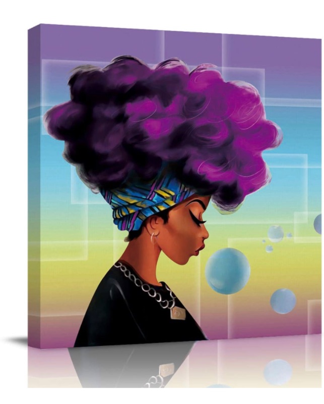 Photo 1 of Square Canvas Print Wall Painting Art African Black Woman Colorful Hair Purple Hairstyle Character Artwork with Framed Ready to Hang, Living Room Kitchen Corridor Bedroom Office Decor 12x12n