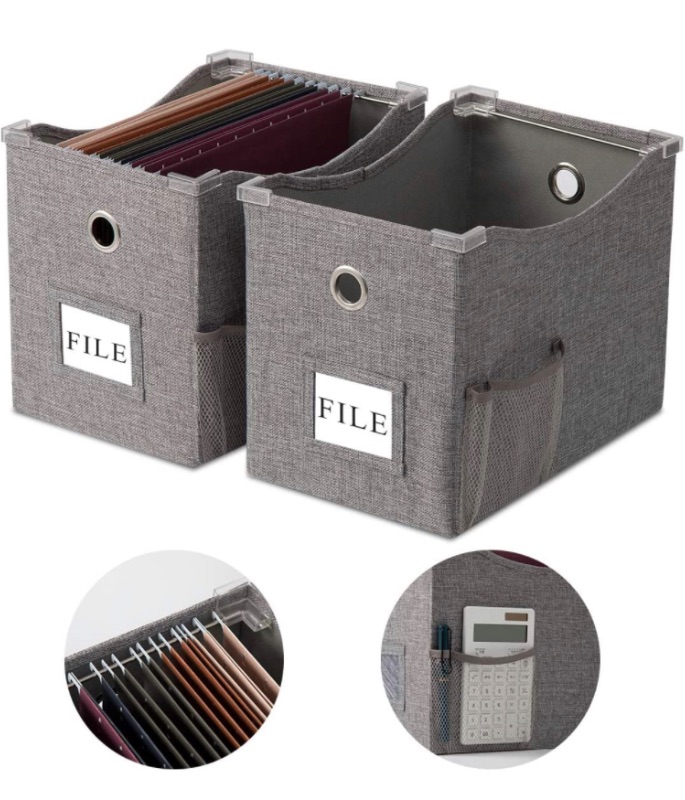 Photo 1 of Collapsible File Box Storage Organizer Letter size [2 PACK] Decorative Linen Hanging File Boxes with Handles Office File Storage Box Metal Sliding Rail for Document Storage (Gray, Letter)