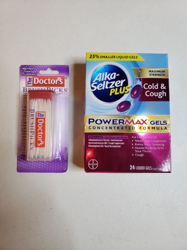 Photo 1 of Alka Seltzer Plus Maximum Strength PowerMax Cold and Cough Medicine,Liquid Gels for adults with Pain Reliever, Fever Reducer, Cough Suppressant and Nasal Decongestant, 24 count & The Doctors Brush Picks, Lot of 2 Items.
