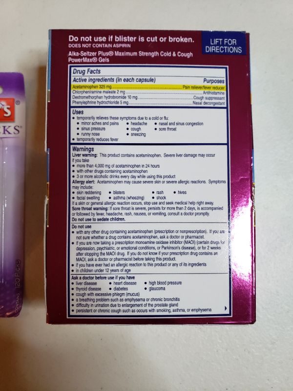 Photo 2 of Alka Seltzer Plus Maximum Strength PowerMax Cold and Cough Medicine,Liquid Gels for adults with Pain Reliever, Fever Reducer, Cough Suppressant and Nasal Decongestant, 24 count & The Doctors Brush Picks, Lot of 2 Items.
