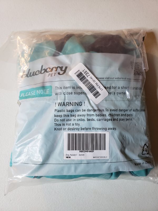 Photo 2 of BLUEBERRY PET Dog Apparel 14 Inch , Teal Dog Jacket.