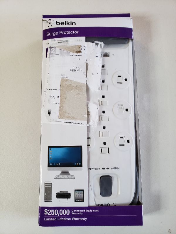 Photo 1 of Belkin Power Strip Surge Protector - 12 AC Multiple Outlets, Ethernet & Cable Protection - 8 ft Long Extension Cord for Home, Office, Travel, Computer Desktop & Charging Brick - 4000 Joules, White
