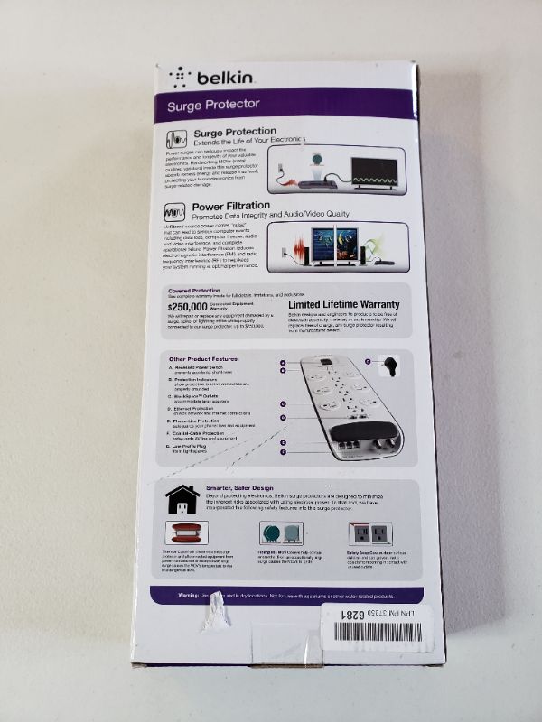 Photo 1 of Belkin Power Strip Surge Protector - 12 AC Multiple Outlets, Ethernet & Cable Protection - 8 ft Long Extension Cord for Home, Office, Travel, Computer Desktop & Charging Brick - 4000 Joules, White
