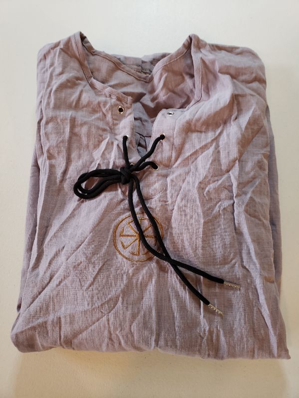 Photo 1 of Men's Drawstring Collar Long Sleeve Shirt, Beige/Light Brown, Size 4XL.