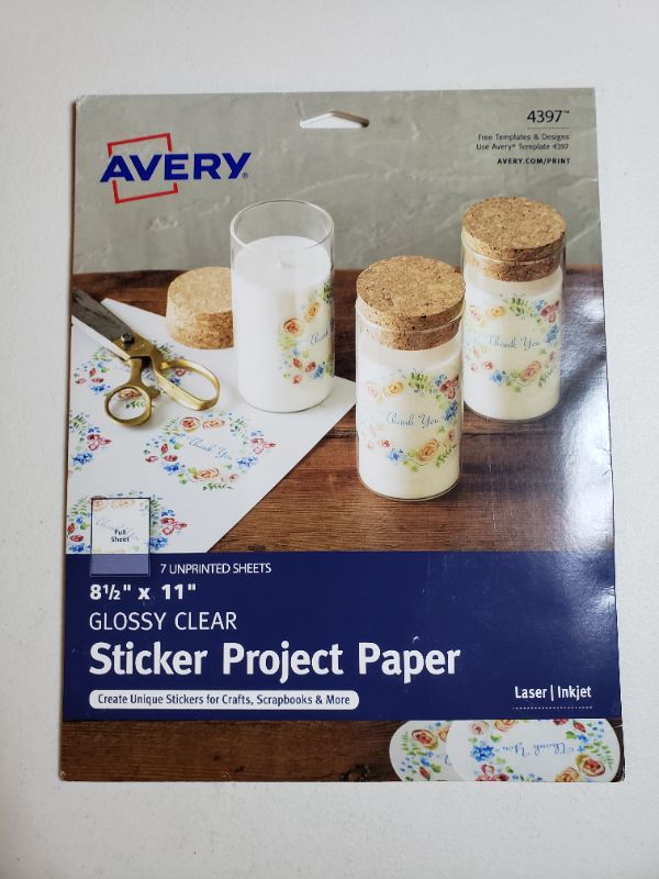 Photo 1 of Avery Printable Sticker Paper, Glossy Clear, 8.5" x 11", Laser & Inkjet Printers, 7 Sheets (4397)
