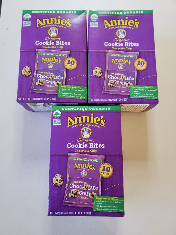 Photo 1 of Annie's Organic Chocolate Chip Cookie Bites, 10.5 oz, 10 ct. 3 Boxes. best By Sep 2021.
