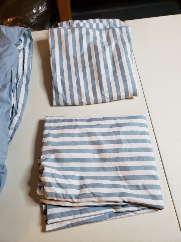 Photo 2 of BLUE/WHITE STRIPED SHEET SET, SIZE F/Q. OPEN PACKAGE RETURN.