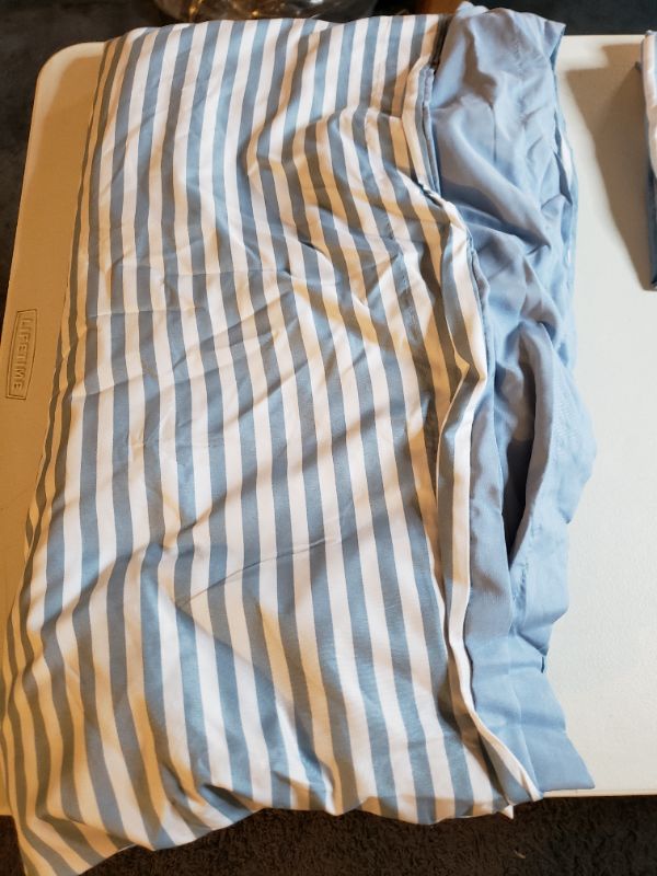 Photo 1 of BLUE/WHITE STRIPED SHEET SET, SIZE F/Q. OPEN PACKAGE RETURN.