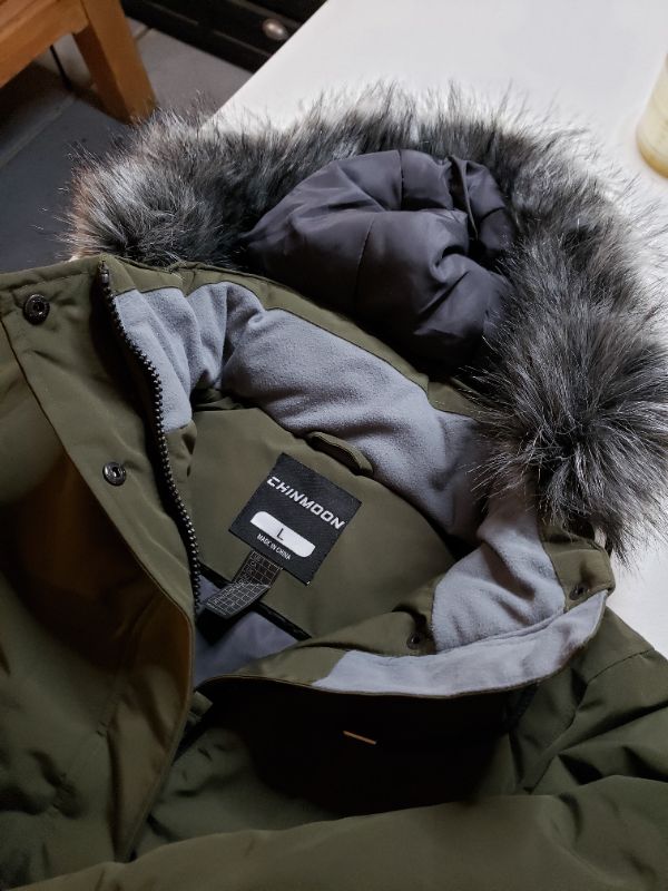Photo 1 of CHINMOON WINTER COAT  WITH FUZZY HOOD SIZE LARGE, OLIVE GREEN