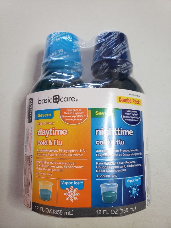 Photo 1 of Amazon Basic Care Daytime & Nighttime Severe Cold & Flu Relief; Cold and Flu Medicine , 24 Fluid Ounces
