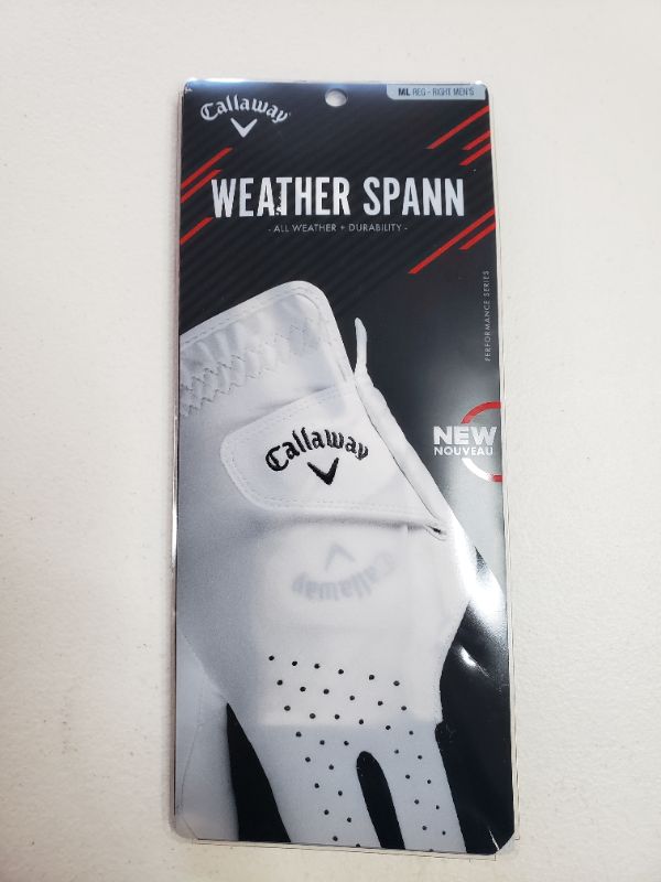 Photo 1 of Callaway Golf Men's Weather Spann Premium Synthetic Golf Glove. SIZE ML REG. RIGHT MEN'S.
