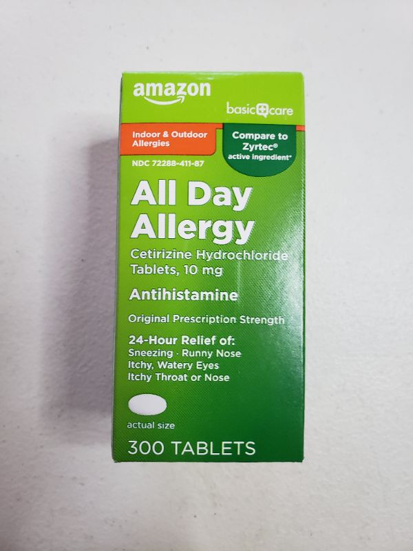Photo 1 of Amazon Basic Care All Day Allergy, Cetirizine Hydrochloride Tablets, 10 mg, Antihistamine, 300 Count. BEST BY 02/2023.
