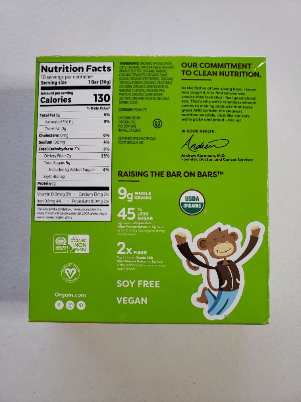 Photo 2 of Orgain Organic Kids Energy Bar, Peanut Butter - Great for Snacks, Vegan, 7g Dietary Fiber, 4g Protein, Dairy Free, Gluten Free, Lactose Free, Soy Free, Kosher, 1.27 oz, 10 Count (Packaging May Vary)
BEST BY 09/2021