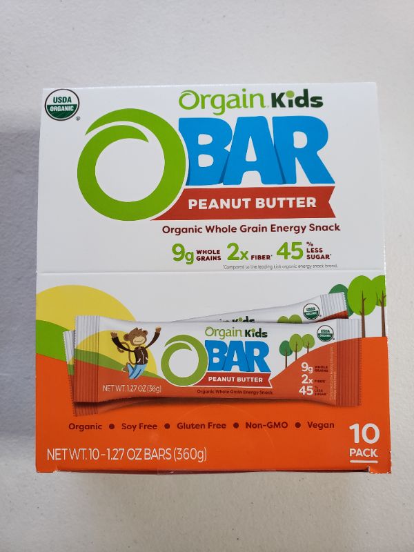 Photo 1 of Orgain Organic Kids Energy Bar, Peanut Butter - Great for Snacks, Vegan, 7g Dietary Fiber, 4g Protein, Dairy Free, Gluten Free, Lactose Free, Soy Free, Kosher, 1.27 oz, 10 Count (Packaging May Vary)
BEST BY 09/2021