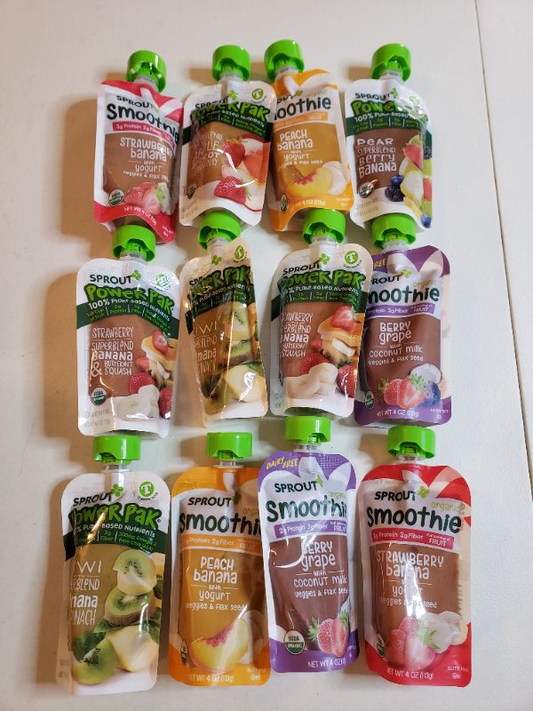 Photo 1 of Sprout Organic Baby Food, Stage 4 Toddler Pouches, 8 Flavor Power Pak and Smoothie Sampler, 4 Oz Purees (Pack of 12)
BEST BY FEB 2022