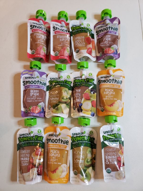 Photo 1 of Sprout Organic Baby Food, Stage 4 Toddler Pouches, 8 Flavor Power Pak and Smoothie Sampler, 4 Oz Purees (Pack of 12)
BEST BY FEB 2022