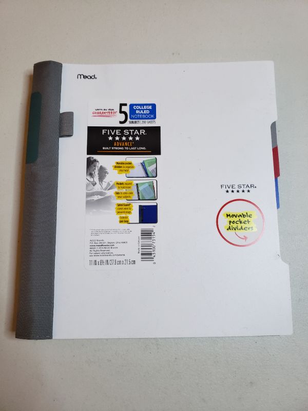 Photo 1 of Five Star Advance Spiral Notebook, 5 Subject, College Ruled Paper, 200 Sheets, 11 x 8-1/2 inches, White (73154)
