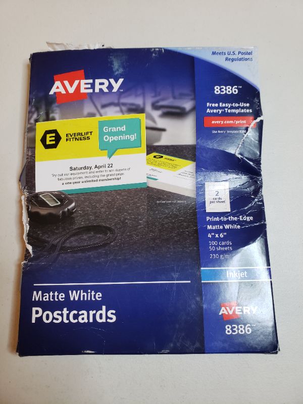 Photo 1 of Avery 8386 Postcards, Inkjet, 4 x 6, 2 Cards/Sheet, White (Box of 100 Cards)
