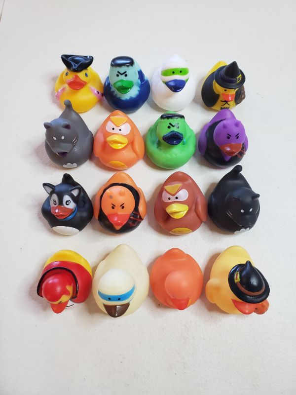 Photo 1 of MINI RUBBER DUCK FLOATING TOYS, VARIOUS CHARACHTERS, PACK OF 16. 