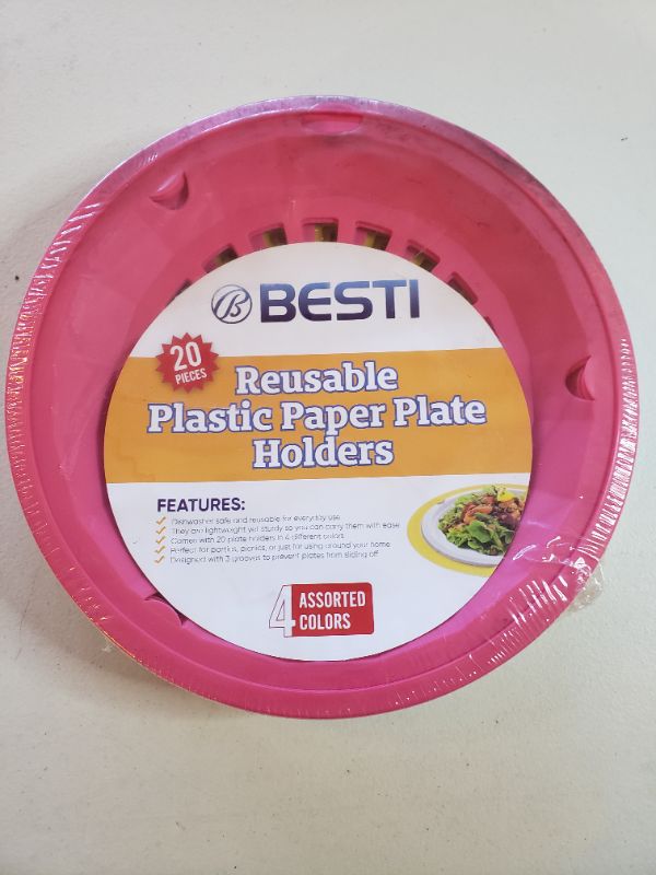 Photo 1 of Besti Reusable Plastic Paper Plate Holders 10 Inch, 20 Piece Round Plastic Paper Plate Holder Set with Snap-In Grooves, Dishwasher Safe, 4 Assorted Colors
