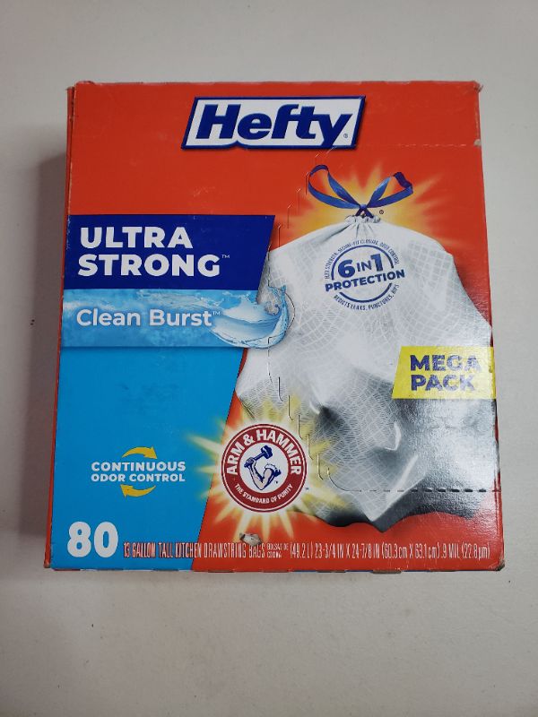 Photo 1 of Hefty 10013700016704 Ultra Strong Trash Bags (Clean Burst, Tall Kitchen Drawstring, 13 Gallon, 80 Count) – Fits All Simplehuman Size J Cans, 80 count, White, 80 count