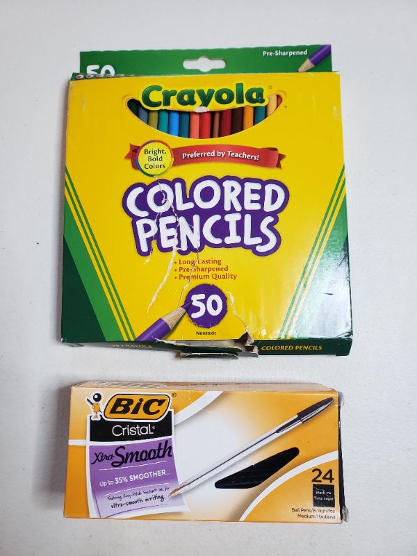 Photo 1 of Crayola Colored Pencils, Assorted Colors, 50 Count, Gift & BIC CLASSIC CRISTAL PENS.
