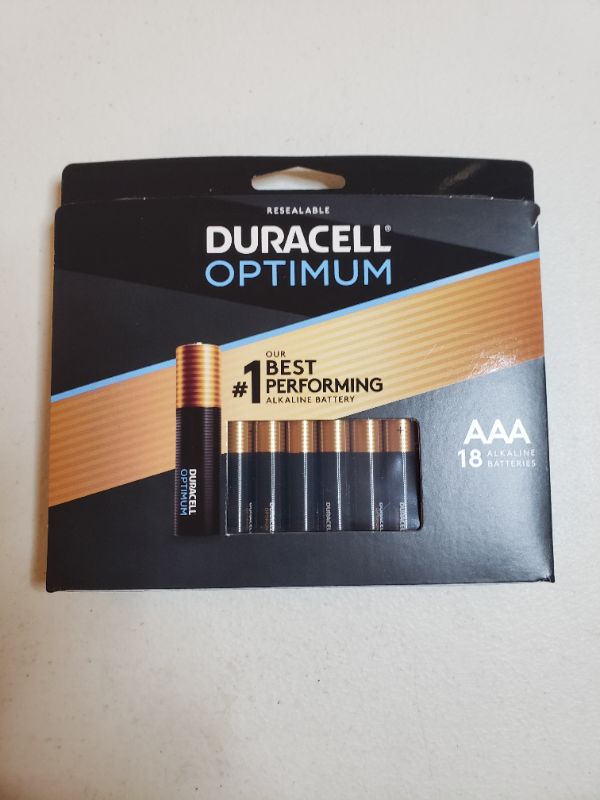 Photo 1 of Duracell Optimum AAA Batteries | Lasting Power Triple A Battery | Alkaline AAA Battery Ideal for Household and Office Devices | Resealable Package for Storage, 18 Count (Pack of 1)
