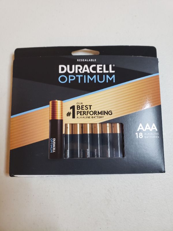 Photo 1 of Duracell Optimum AAA Batteries | Lasting Power Triple A Battery | Alkaline AAA Battery Ideal for Household and Office Devices | Resealable Package for Storage, 18 Count (Pack of 1)
