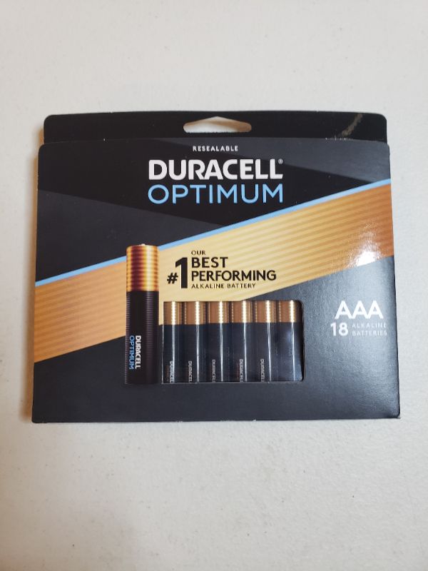 Photo 1 of Duracell Optimum AAA Batteries | Lasting Power Triple A Battery | Alkaline AAA Battery Ideal for Household and Office Devices | Resealable Package for Storage, 18 Count (Pack of 1)
