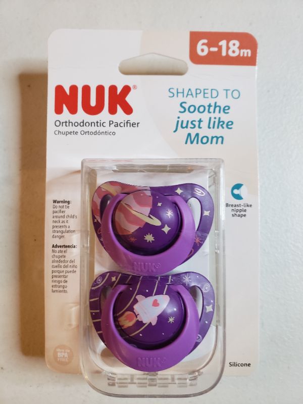 Photo 1 of NUK Orthodontic Pacifiers 618 Months Pack, Outer Space
LOT OF 4 BOXES.