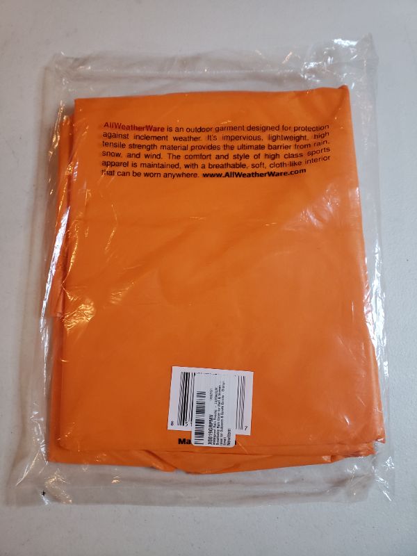 Photo 2 of COVERALL SPORTS ALL WEATHEER WARE WATERPROOF RAIN PONCHO, ORANGE, SIZE S.